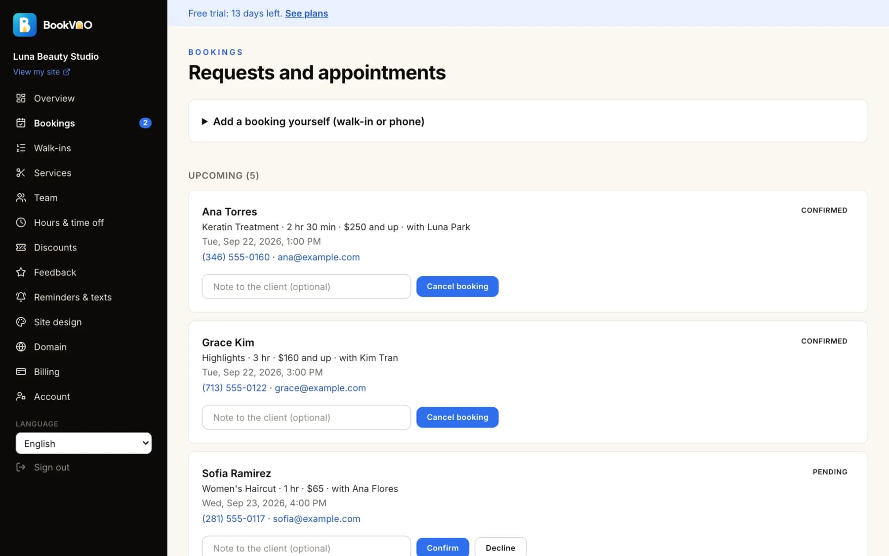 Booking requests in the BookVAO dashboard
