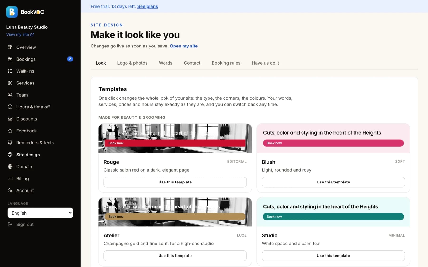 Choosing a style and brand colour in the BookVAO dashboard