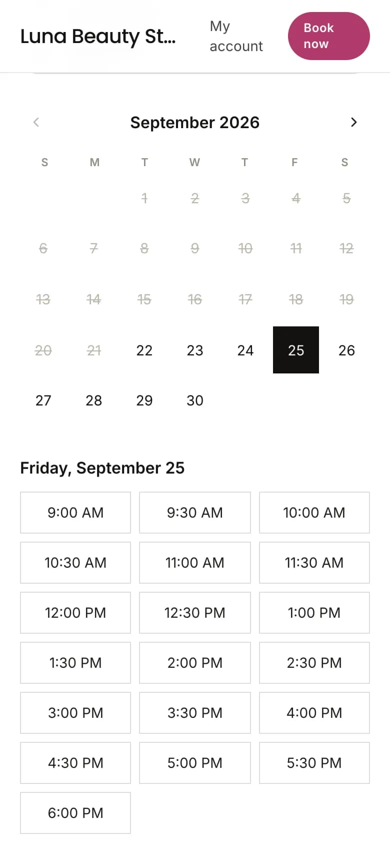 A client choosing an open time on a BookVAO booking page